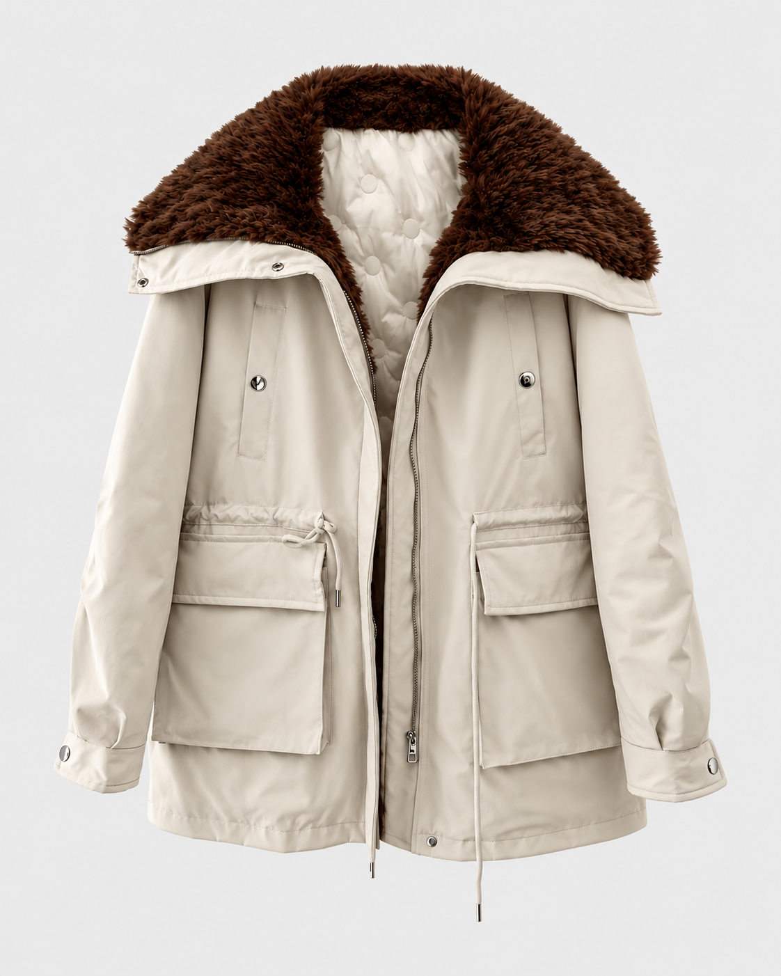 Apricot | Women's apricot cargo zip-up jacket with contrasting faux-fur collar, front view