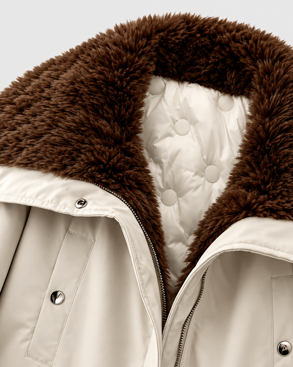 Image of Apricot | Close-up of faux-fur collar and quilted lining on light cargo jacket