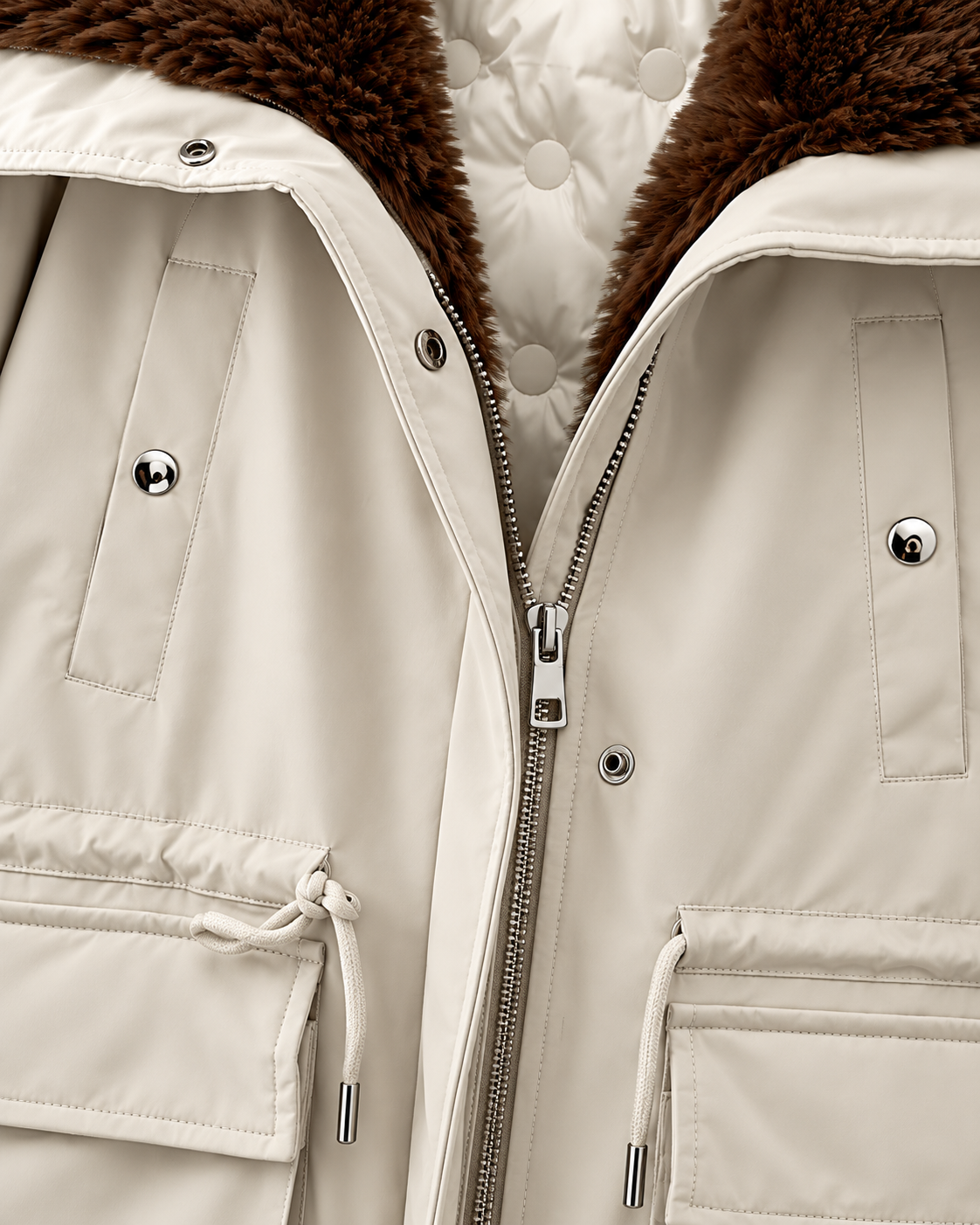 Apricot | Close-up of front zipper and snap-button closure of cargo jacket