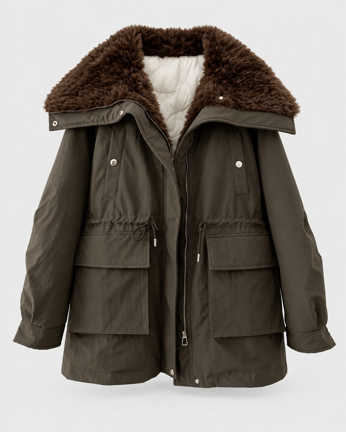 Image of Army Green | Women's cargo zip-up jacket with faux-fur collar, front view