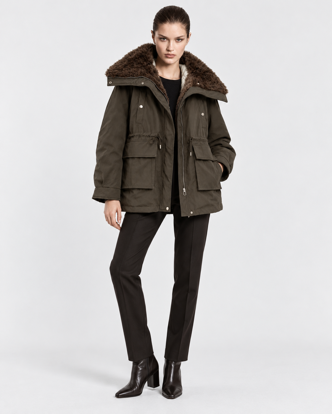 Army Green | Model wearing women's army green cargo jacket, front view
