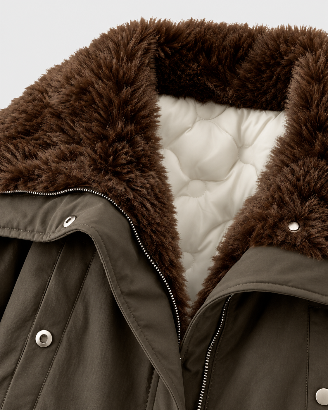 Image of Army Green | Close-up of faux-fur collar and quilted lining on cargo jacket