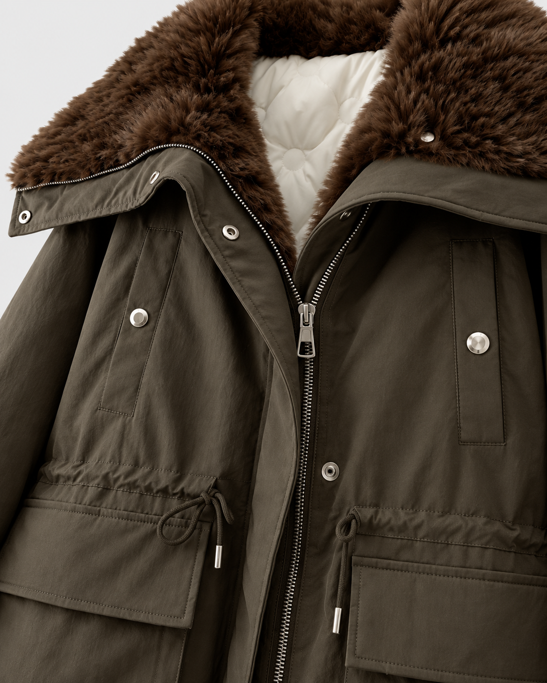Image of Army Green | Close-up of zip fastening and faux-fur collar on cargo jacket