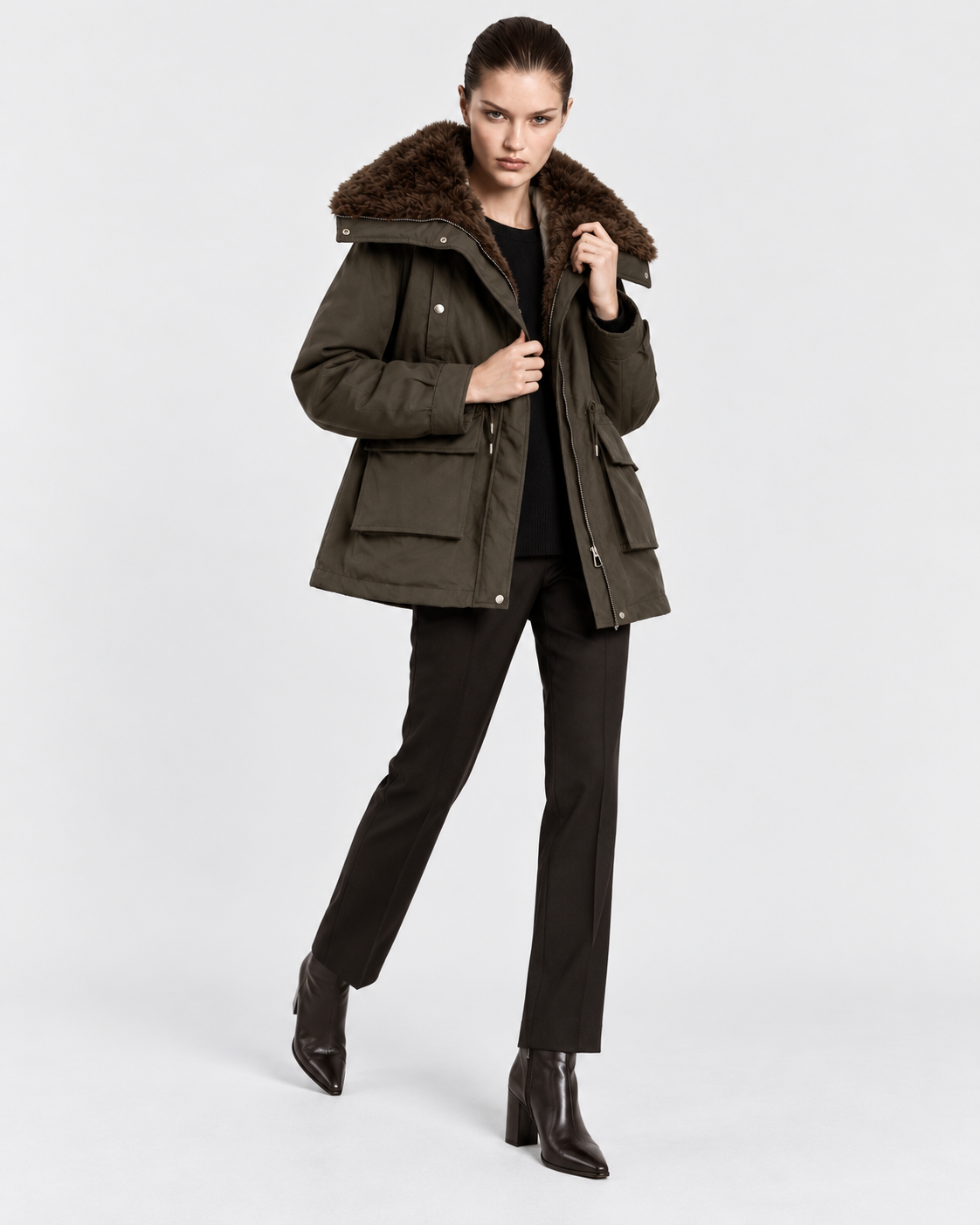 Army Green | Model styling army green cargo jacket in alternate pose