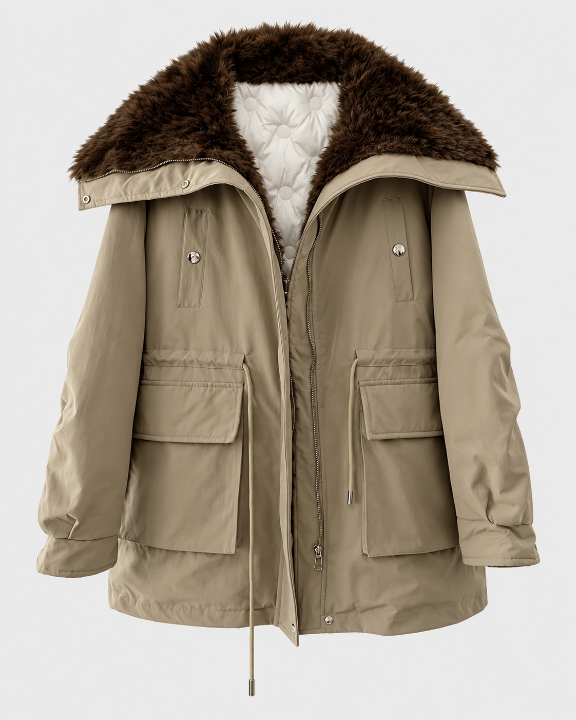 Image of Khaki | Women's khaki cargo zip-up jacket with contrasting faux-fur collar, front view
