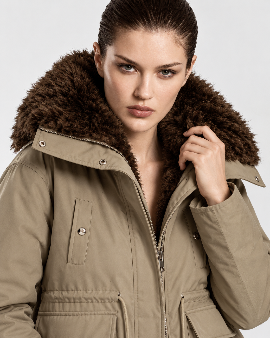 Khaki | Model wearing khaki cargo zip-up jacket, studio front view