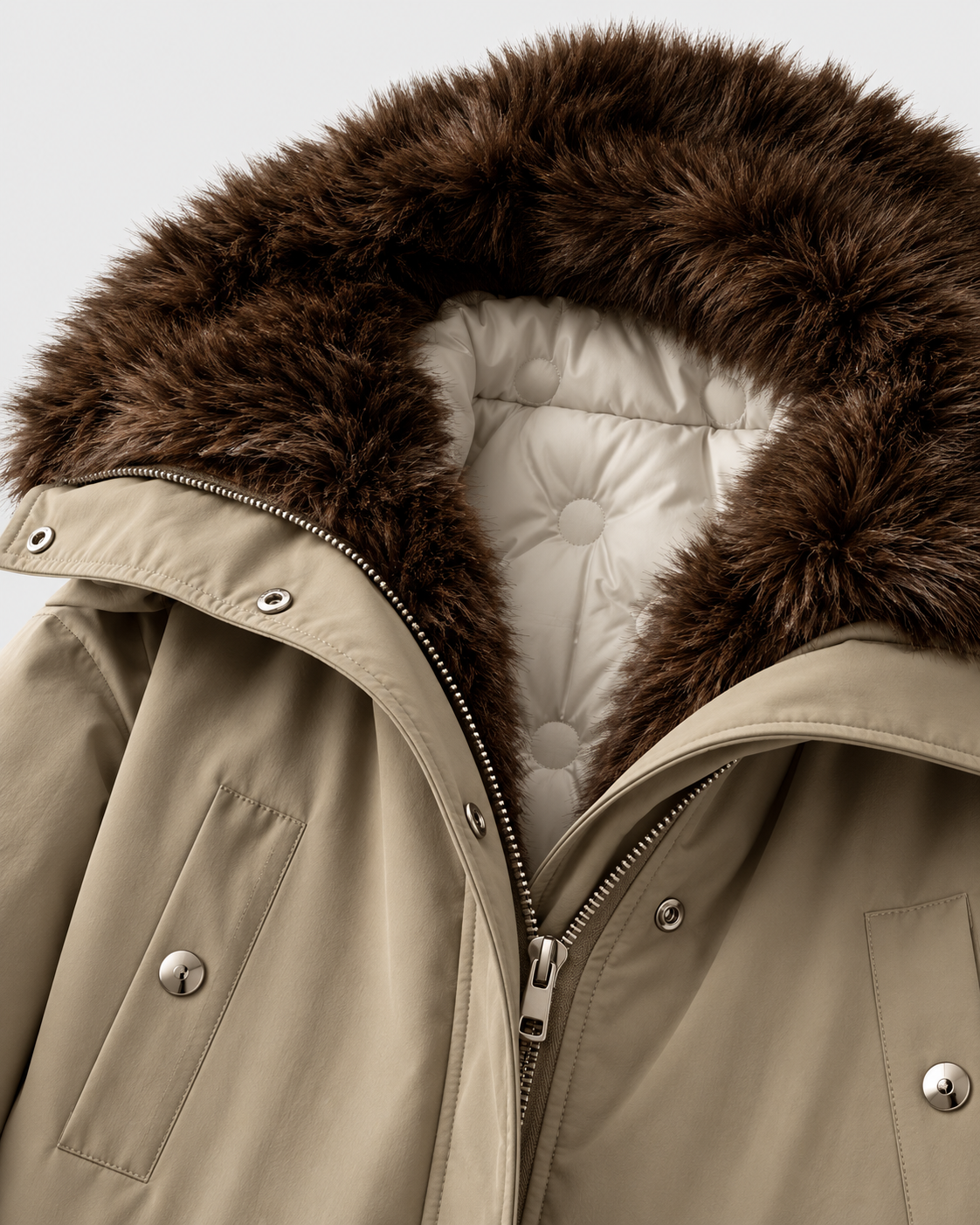 Image of Khaki | Close-up of contrasting faux-fur collar and quilted lining