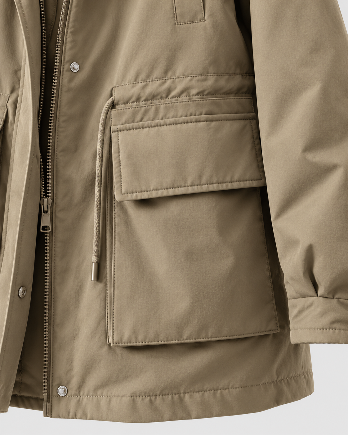 Image of Khaki | Close-up of utility cargo pocket and seam on khaki jacket