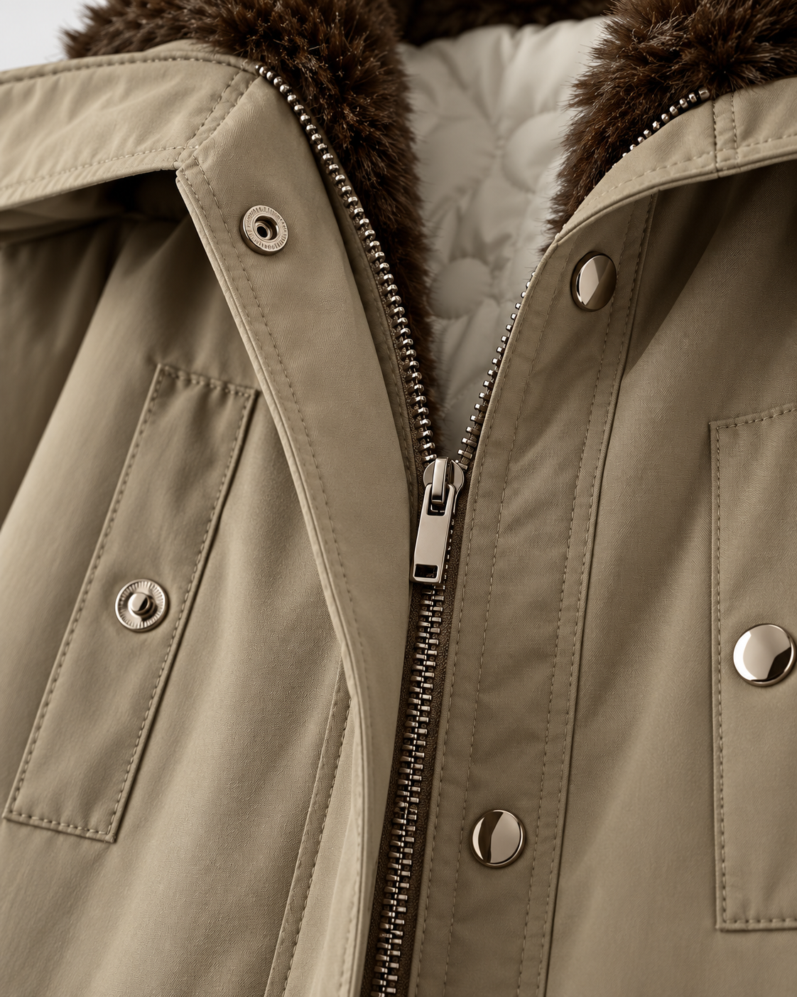 Khaki | Close-up of zipper and snap-button closure on khaki cargo jacket