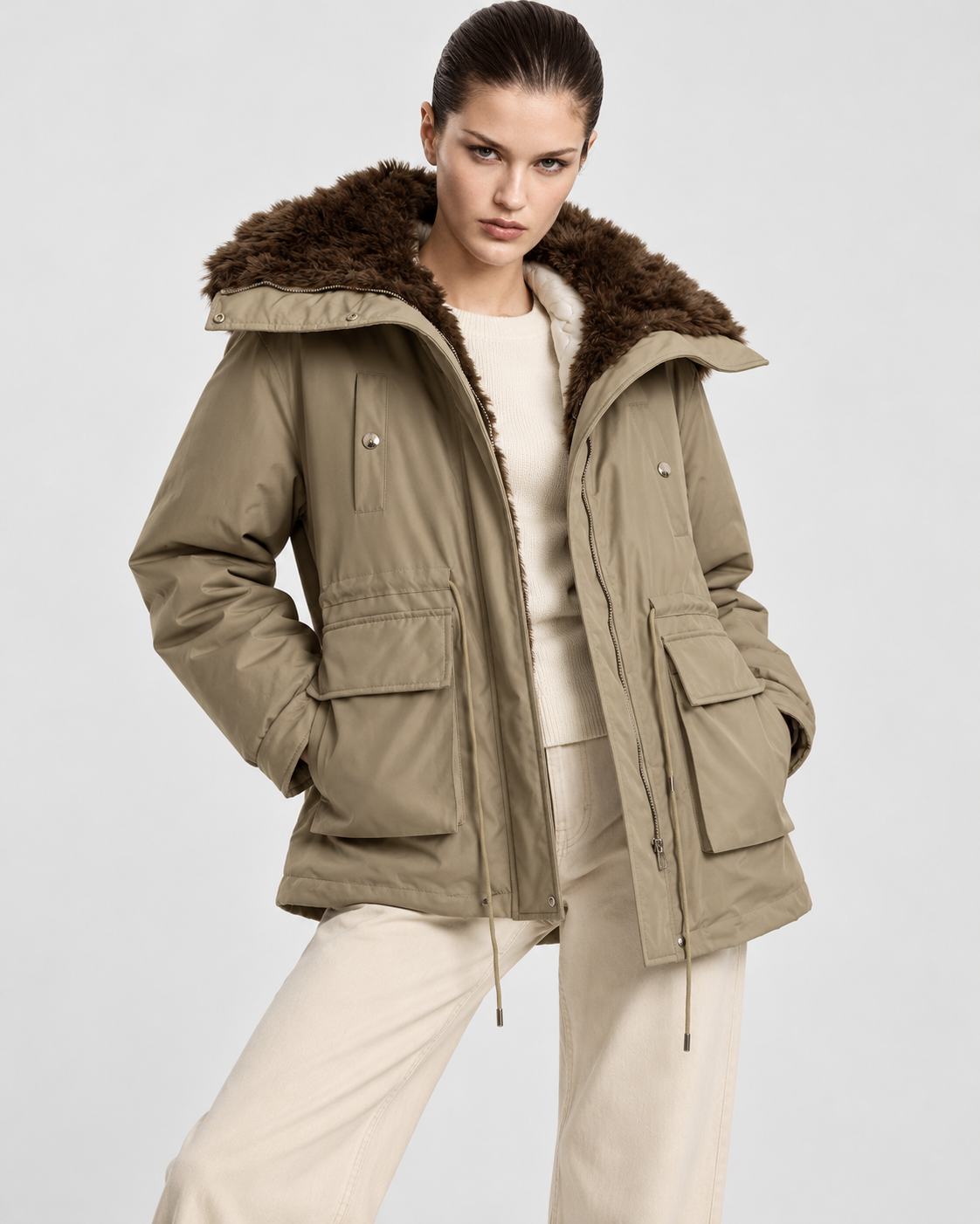 Khaki | Model styling women's khaki zip-up cargo jacket, alternate pose