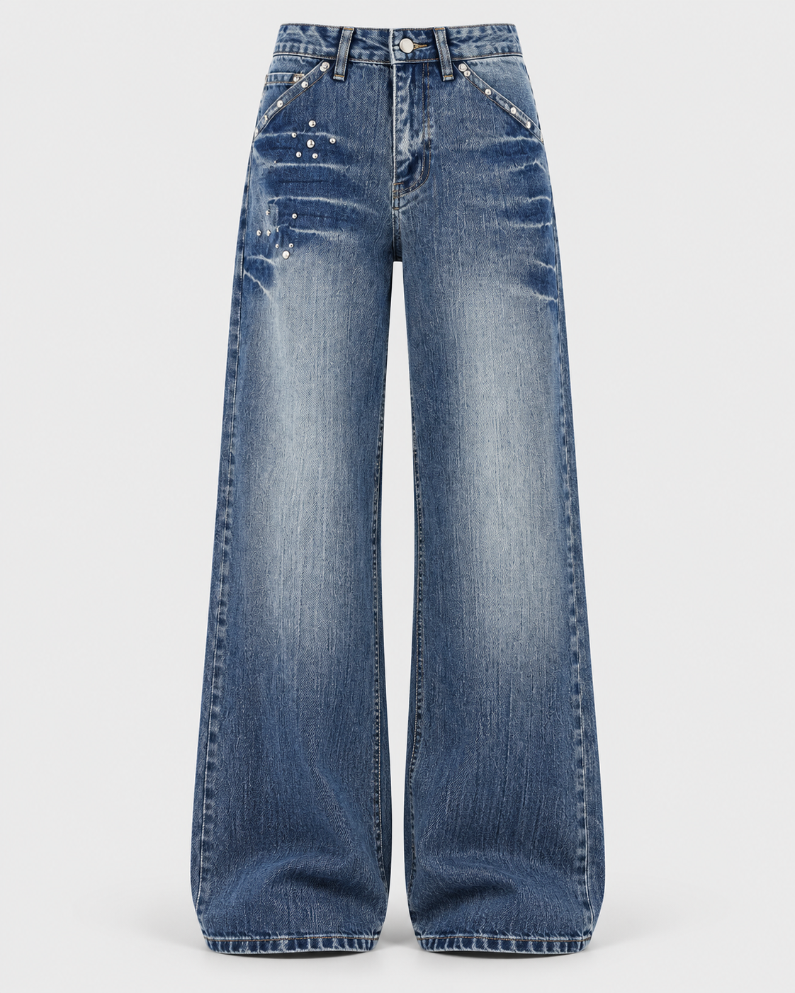 Image of Blue | Women's washed rivet wide-leg jeans, front product view