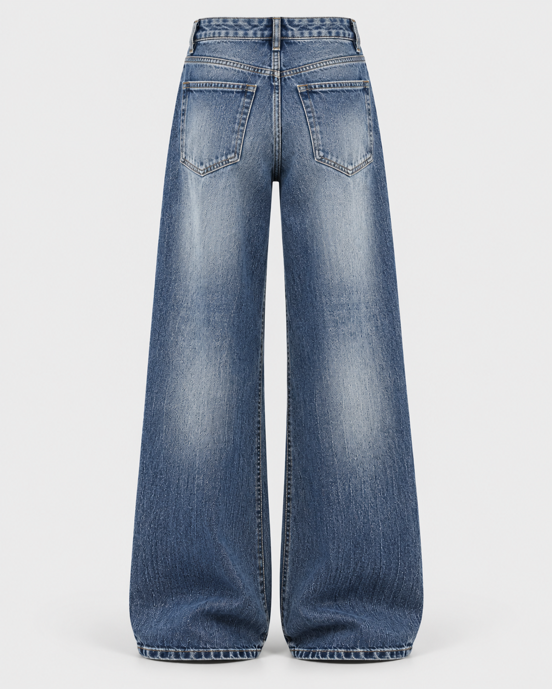 Blue | Back view of blue washed wide-leg jeans with rear pockets