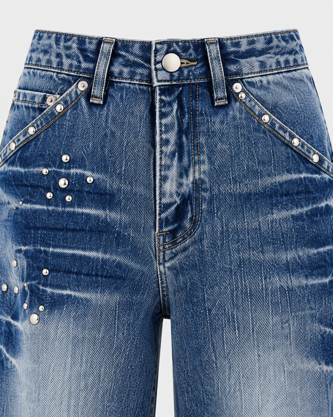 Image of Blue | Close-up of decorative metal rivets on front pocket of washed wide-leg jeans
