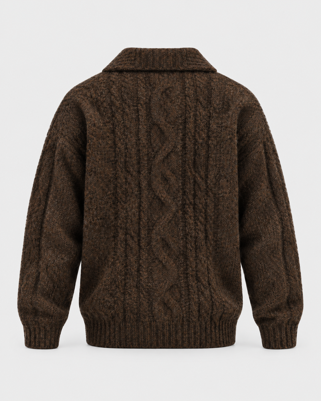Coffee | Back view of cable-knit collared half-zip sweater