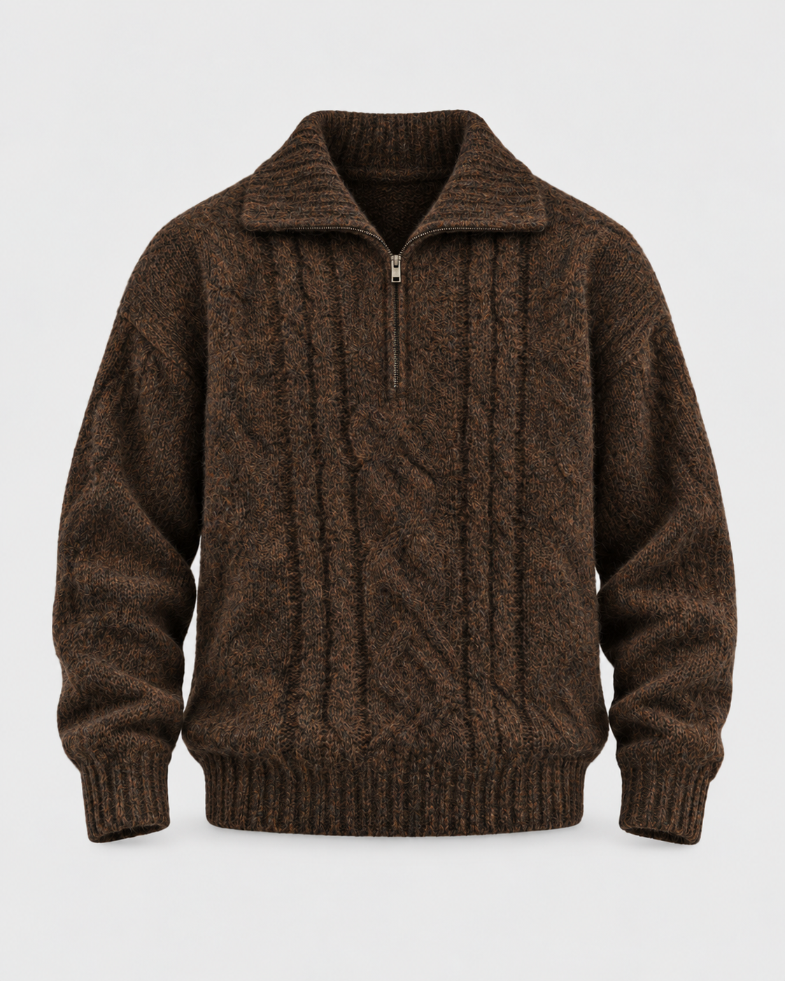 Coffee | Cable-knit collared half-zip sweater, front product view