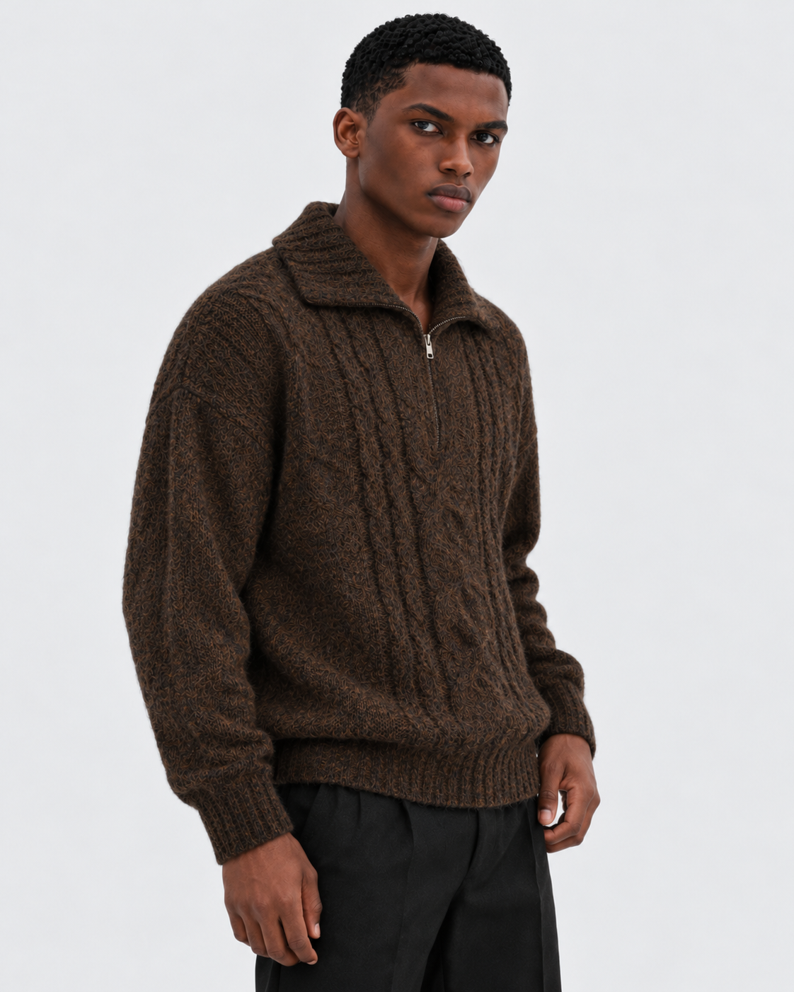Image of Coffee | Model styling cable-knit half-zip sweater in an alternate pose