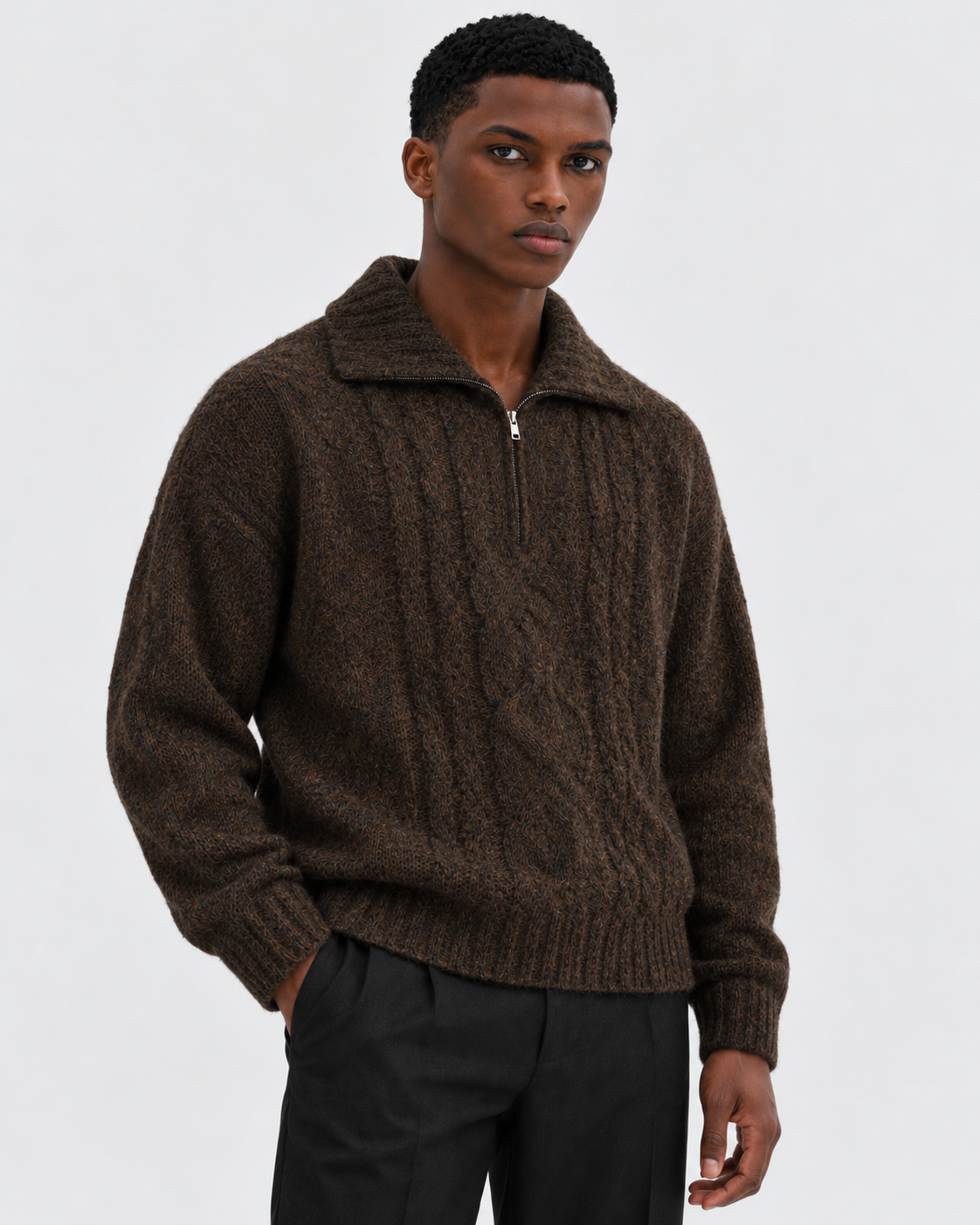 Image of Coffee | Model wearing cable-knit collared half-zip sweater