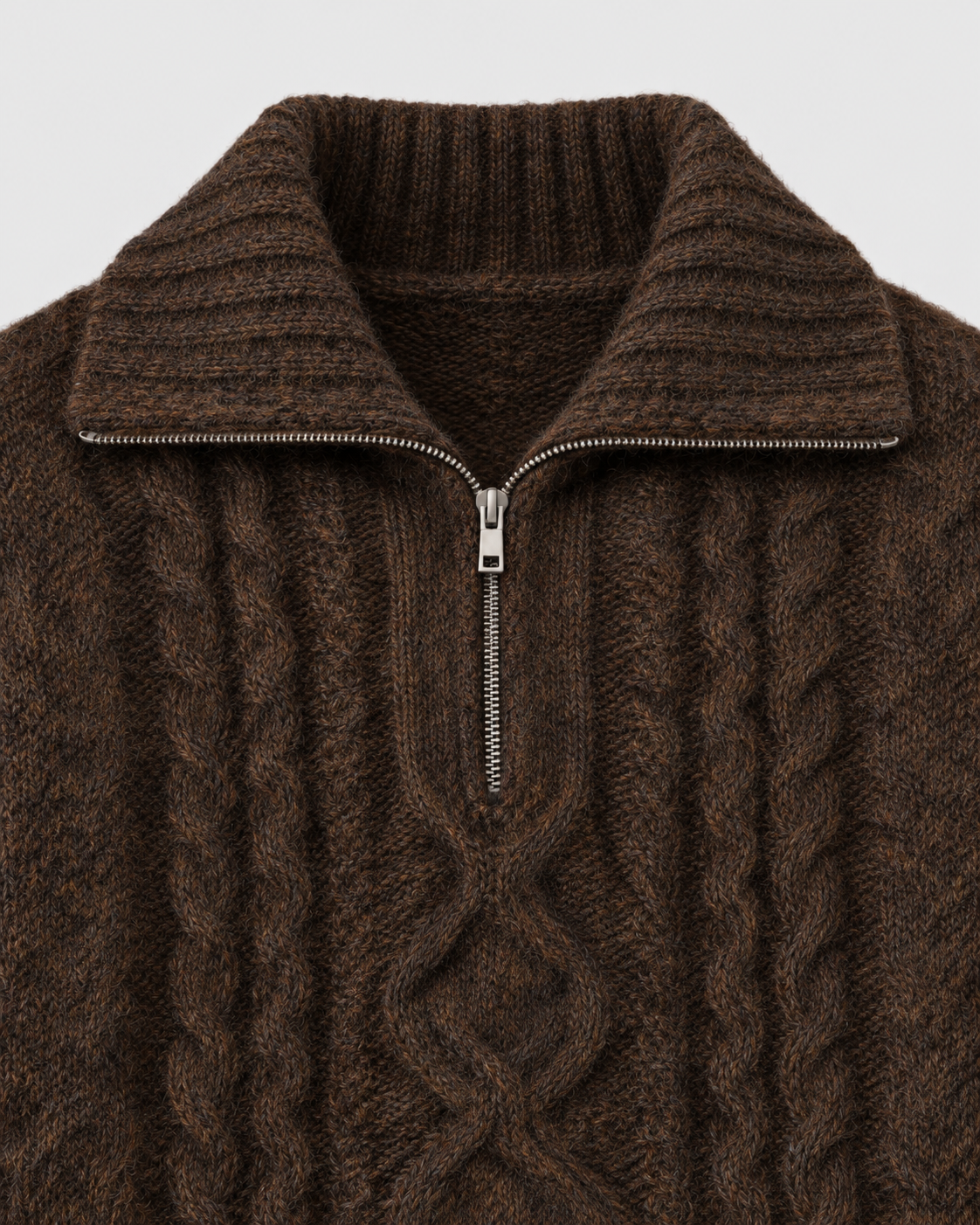 Coffee | Close-up of the zip collar and neckline on cable-knit sweater