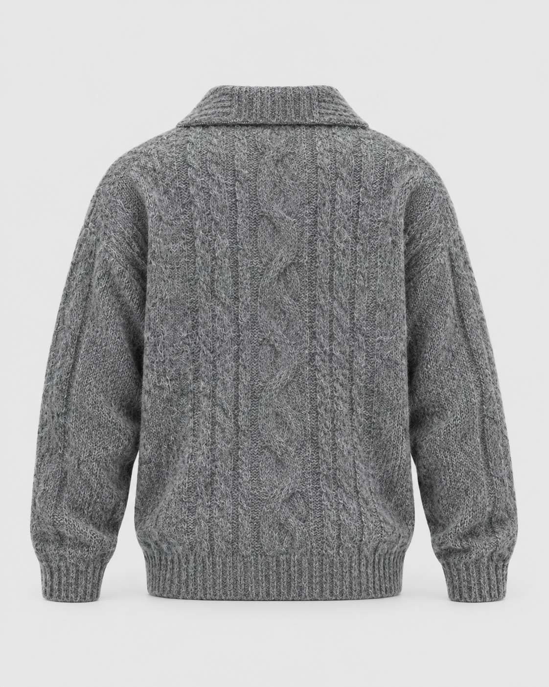 Image of Gray | Back view of cable-knit collared half-zip sweater