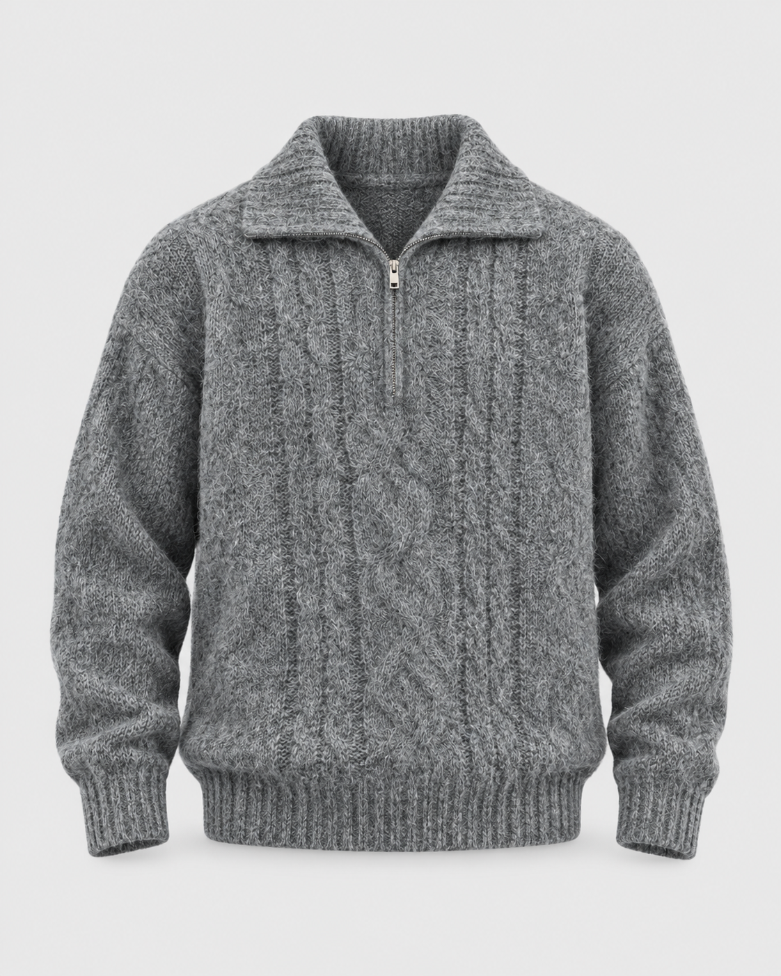 Image of Gray | Cable-knit collared half-zip sweater, front product view