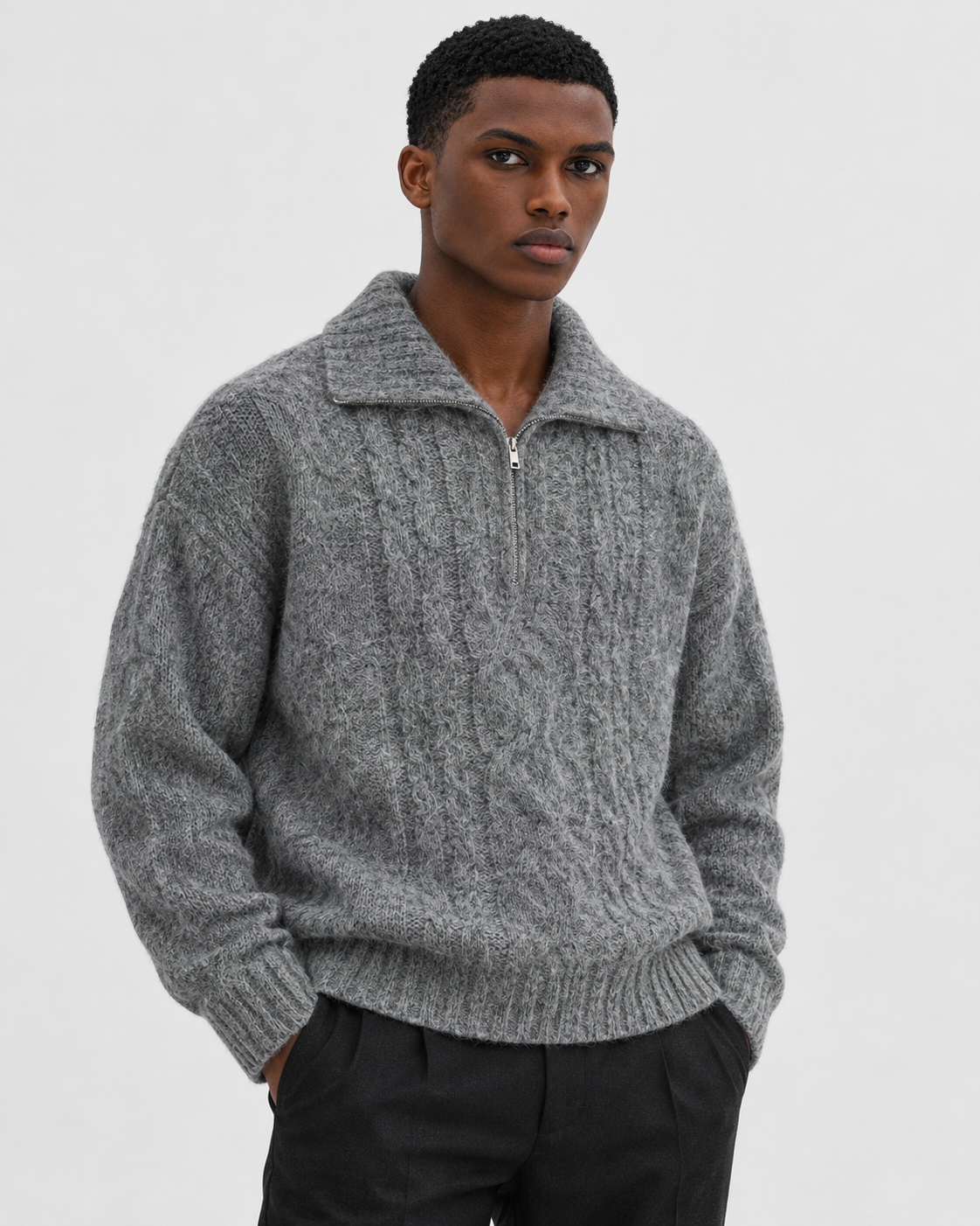 Image of Gray | Model wearing cable-knit collared half-zip sweater
