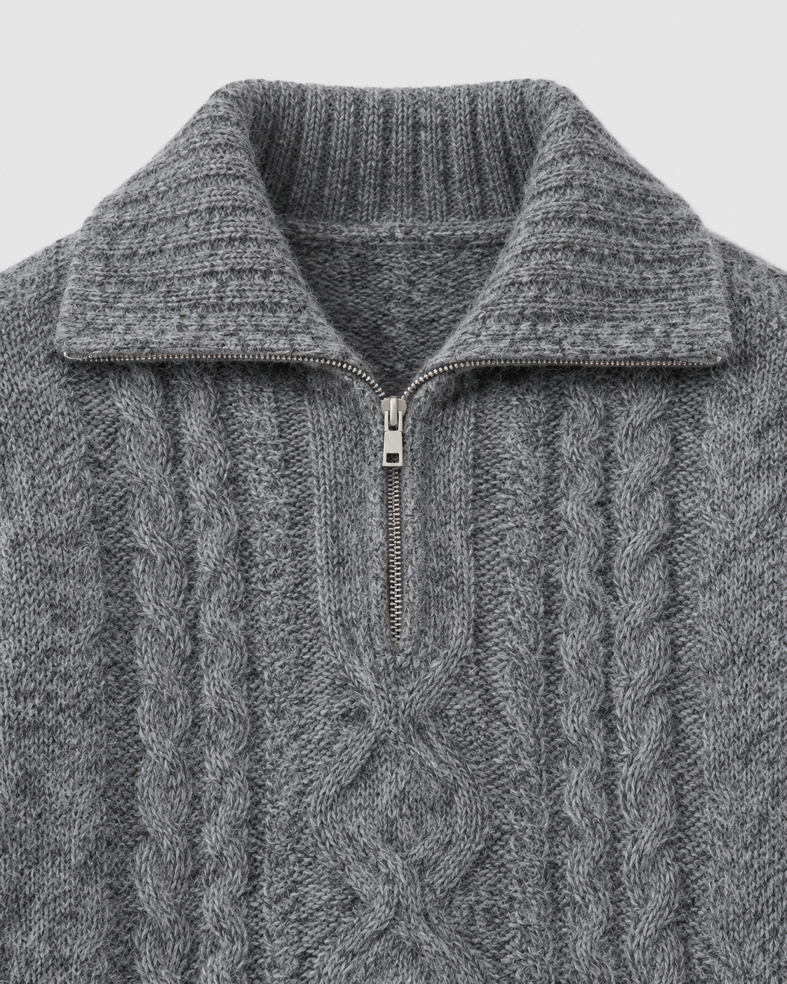 Gray | Close-up of the zip collar and neckline on cable-knit sweater
