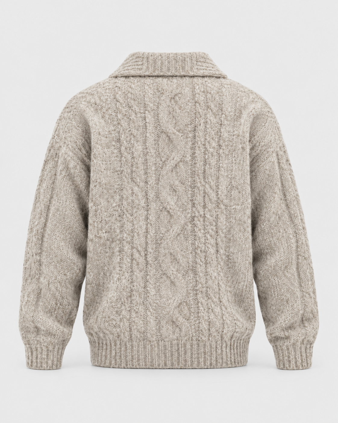 Oatmeal | Back view of cable-knit collared half-zip sweater