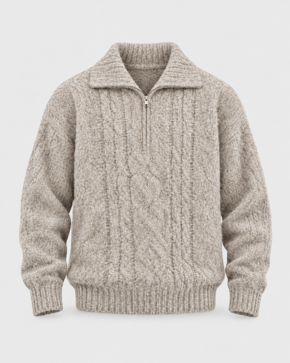 Oatmeal | Cable-knit collared half-zip sweater, front product view