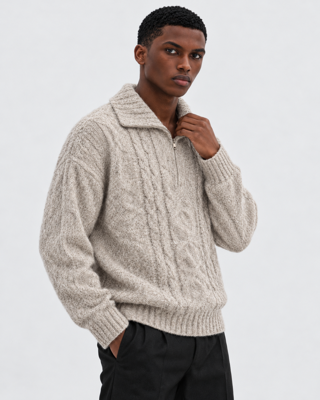 Image of Oatmeal | Model styling cable-knit half-zip sweater in an alternate pose