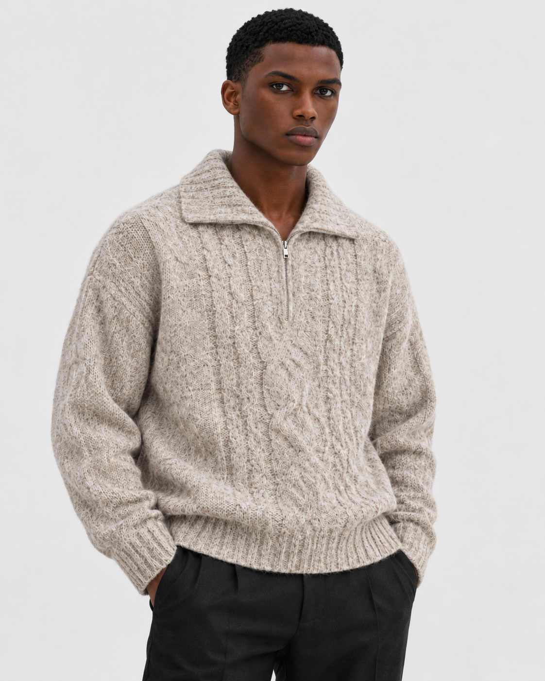 Oatmeal | Model wearing cable-knit collared half-zip sweater