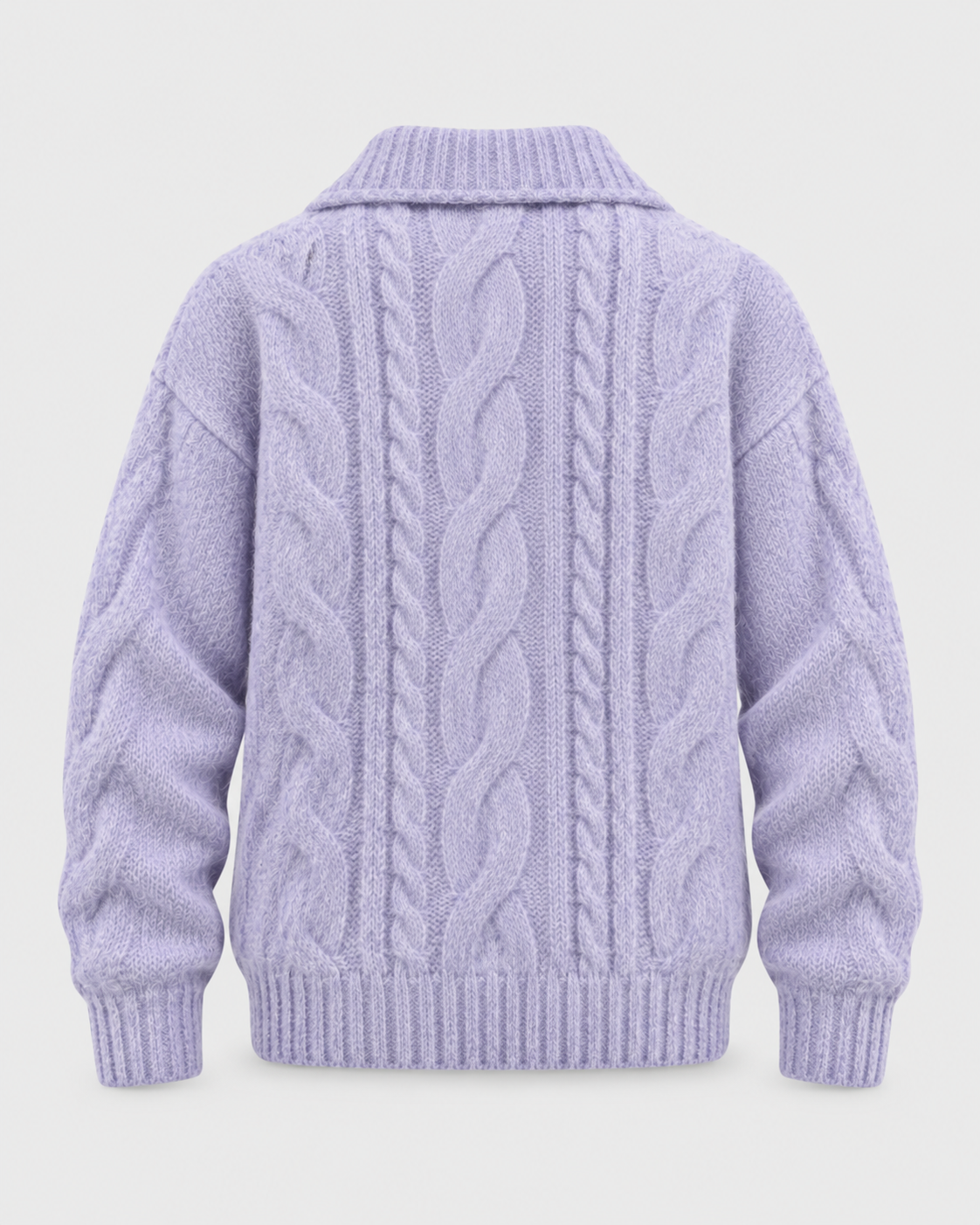 Image of Purple | Back view of cable-knit collared half-zip sweater