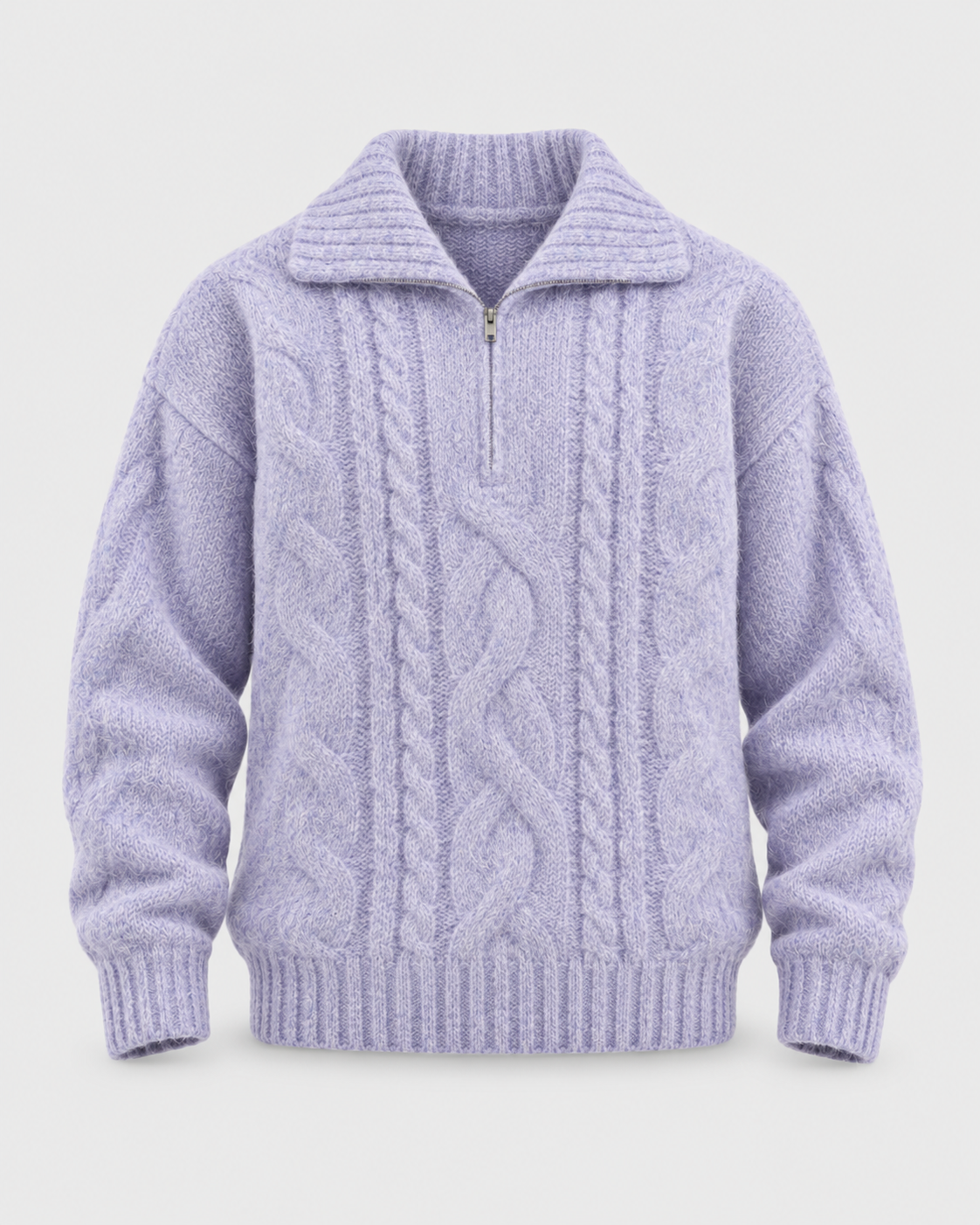 Purple | Cable-knit collared half-zip sweater, front product view
