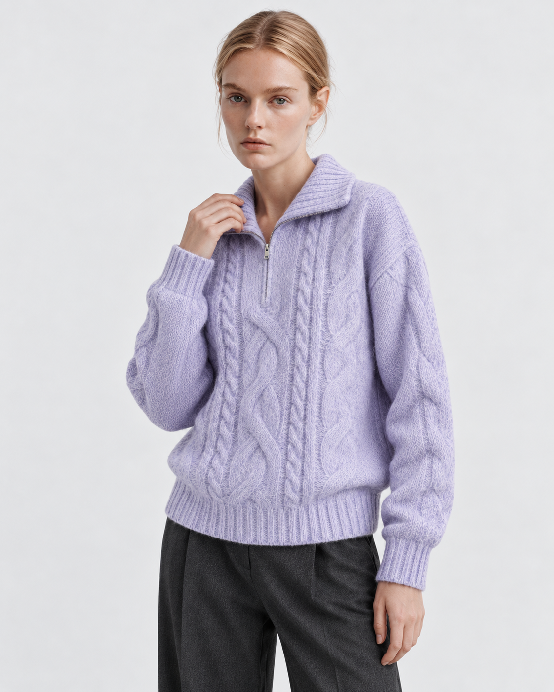 Purple | Model styling cable-knit half-zip sweater in an alternate pose