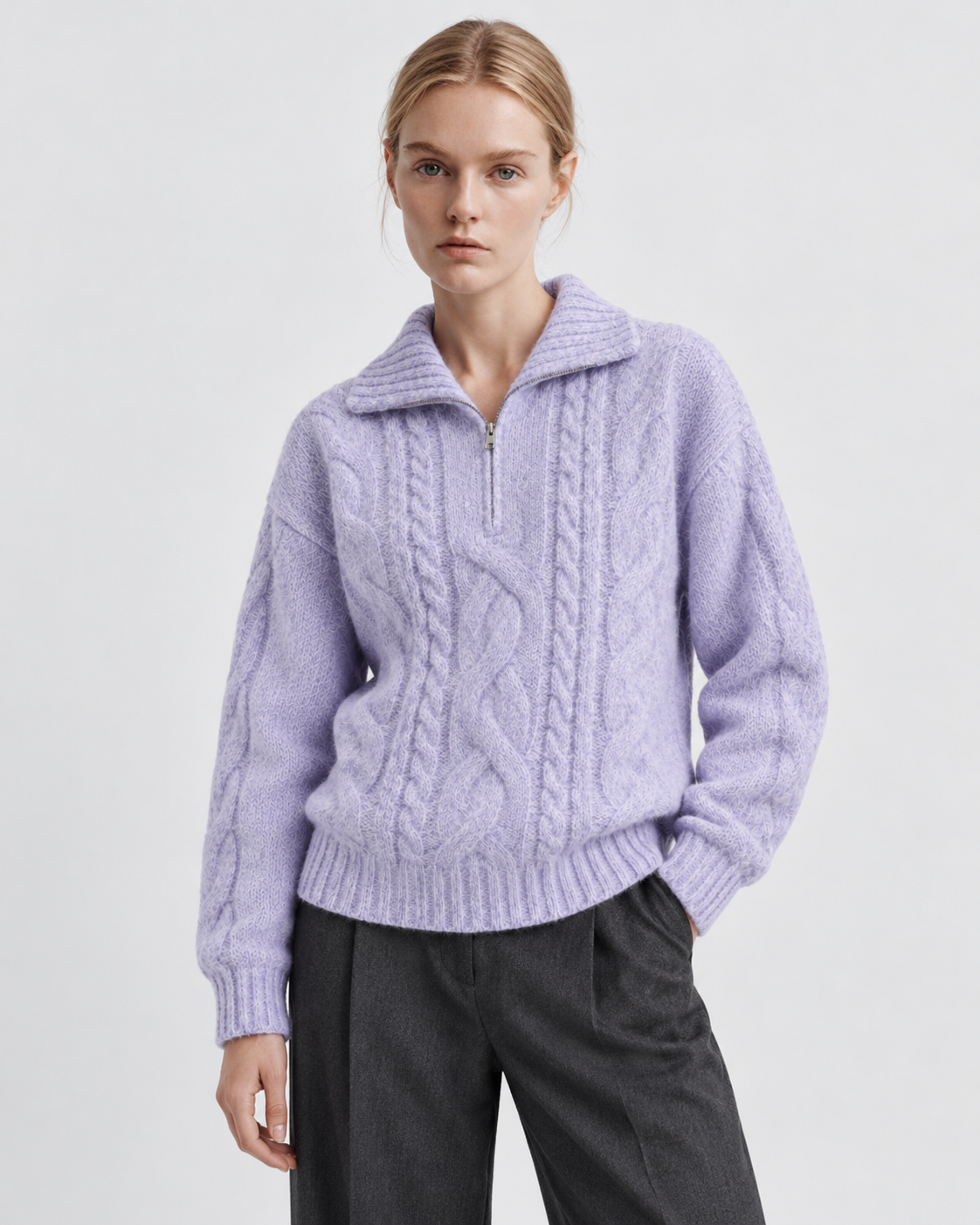 Purple | Model wearing cable-knit collared half-zip sweater