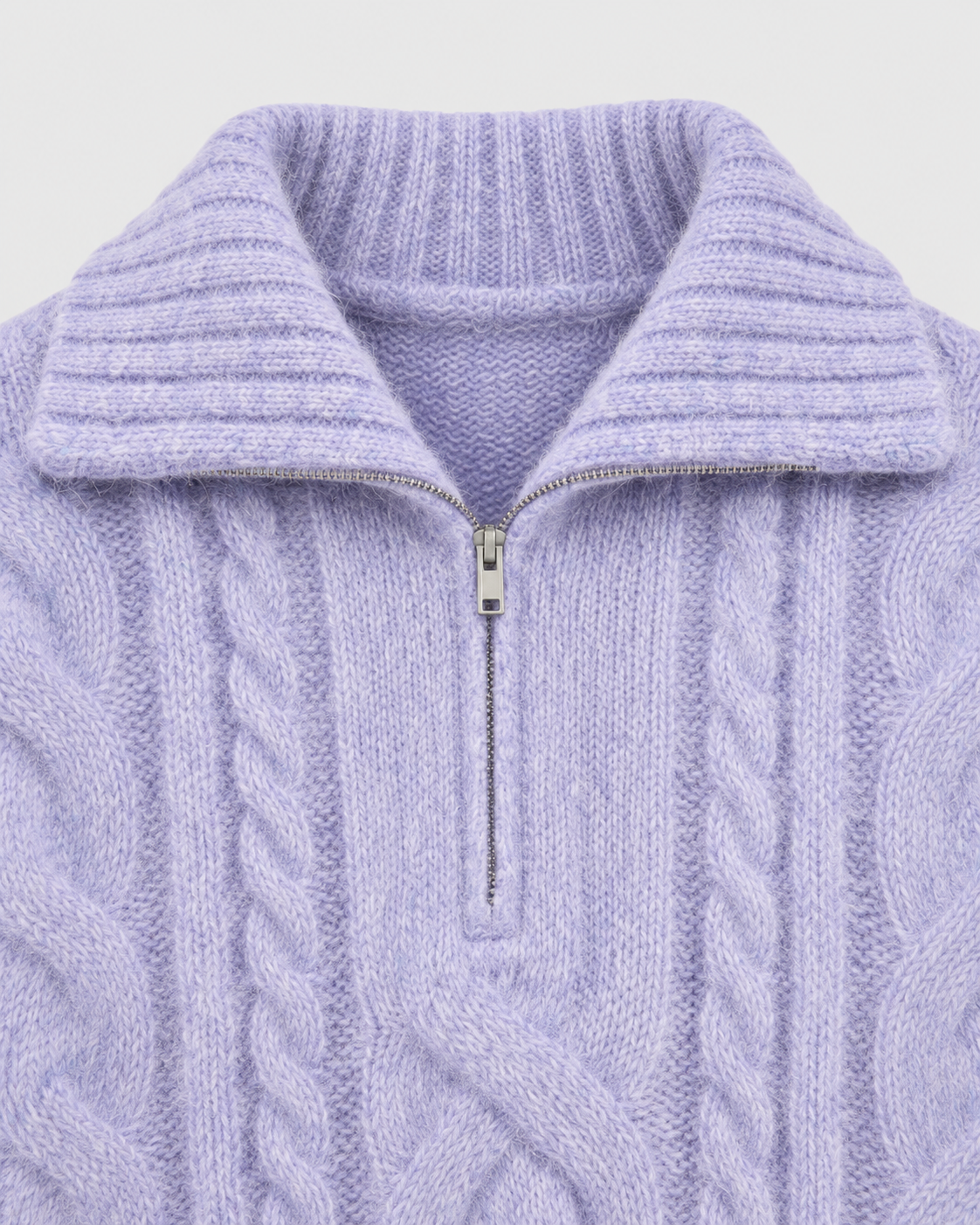 Purple | Close-up of the zip collar and neckline on cable-knit sweater