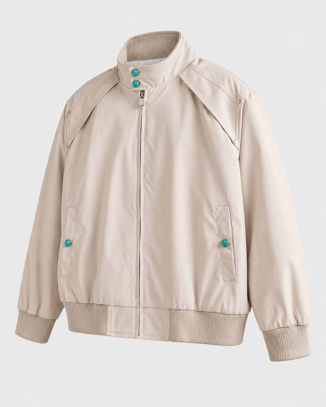 Image of Color: Apricot | Men's apricot loose fit stand collar bomber jacket styled on model, look 1