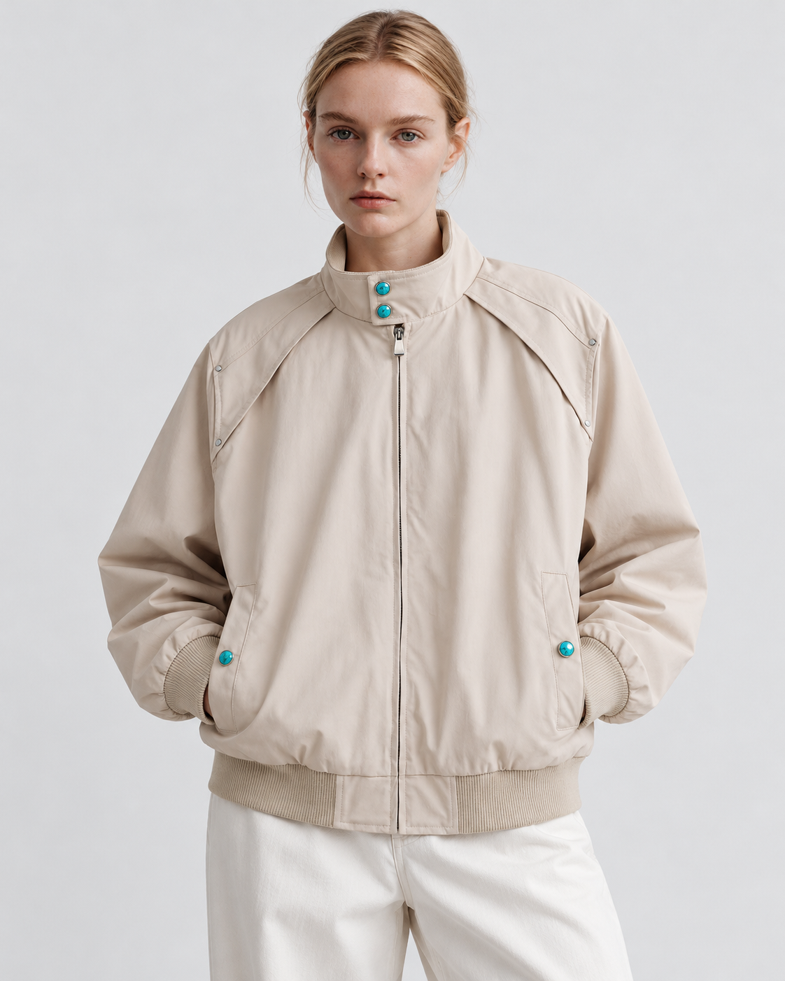 Color: Apricot | Men's apricot loose fit stand collar bomber jacket, studio product view 5