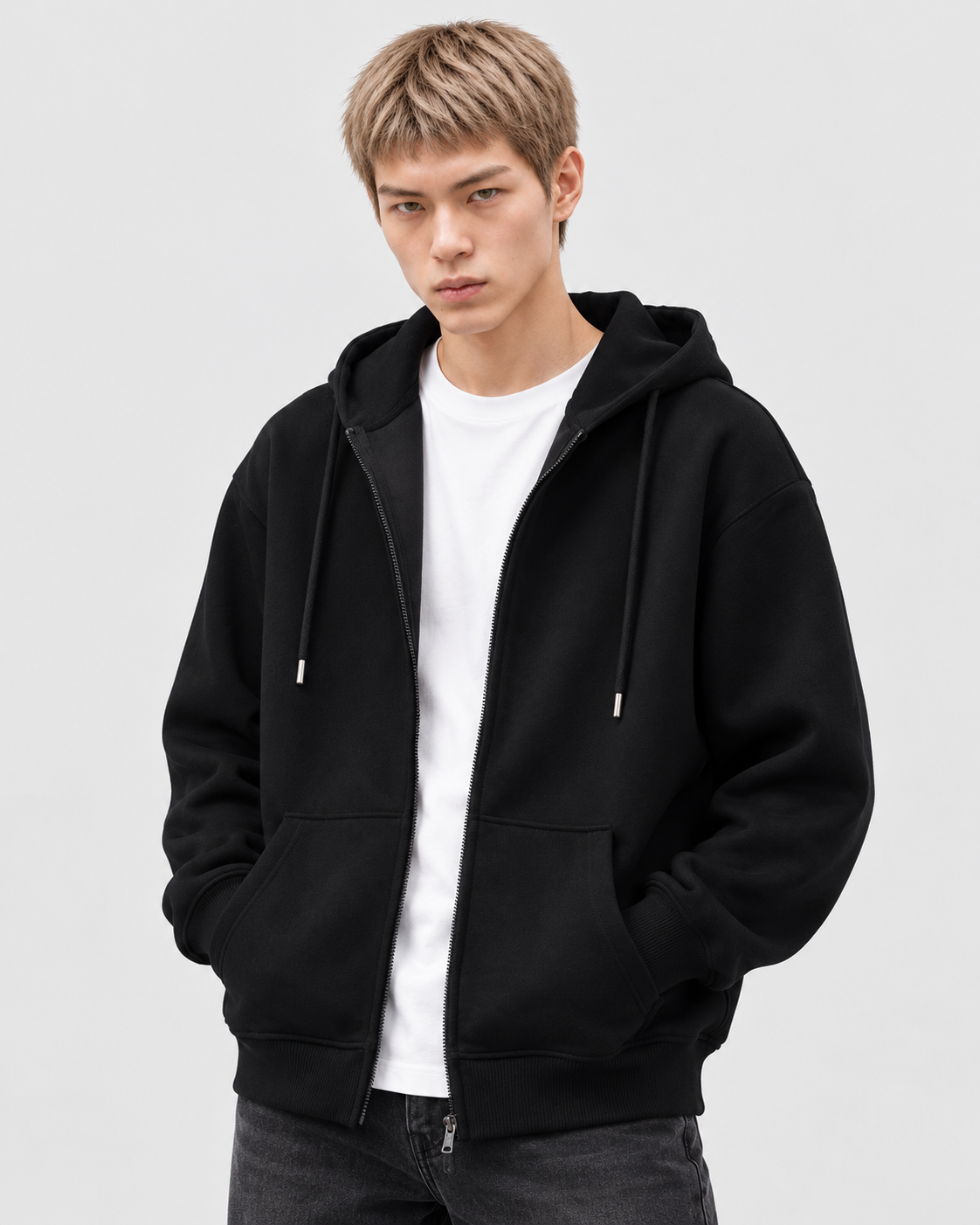 Color: Black | Men's black heavyweight cotton blend zip-up hoodie, main studio product view
