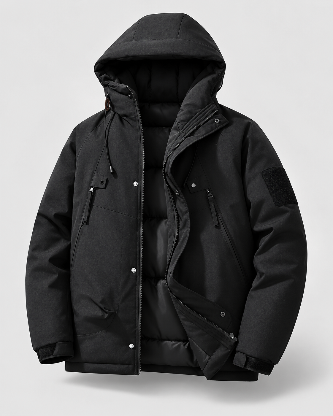 Color: Black | Men's black hooded cotton-filled puffer jacket, main studio product view