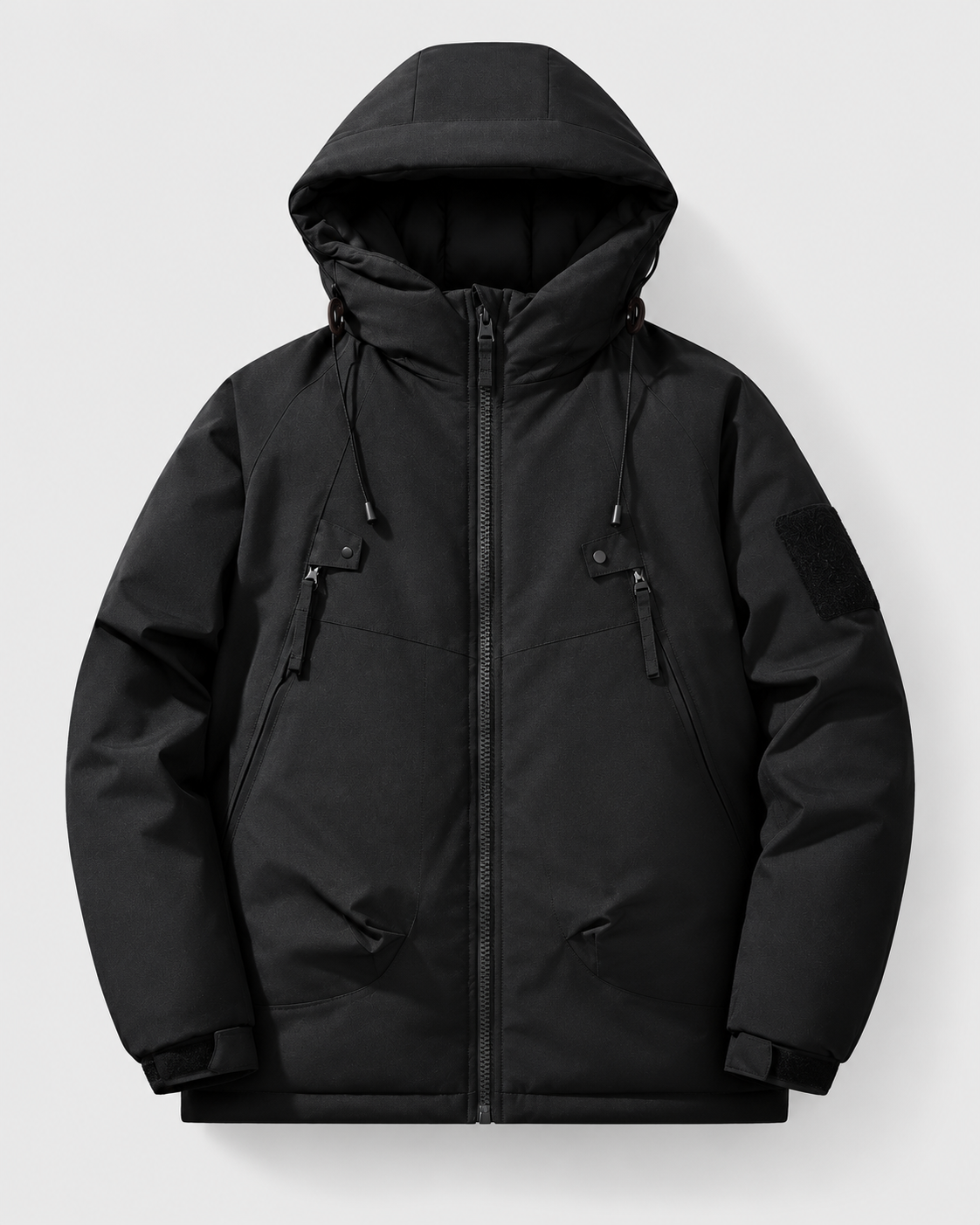Image of Color: Black | Men's black hooded cotton-filled puffer jacket styled on model, look 1