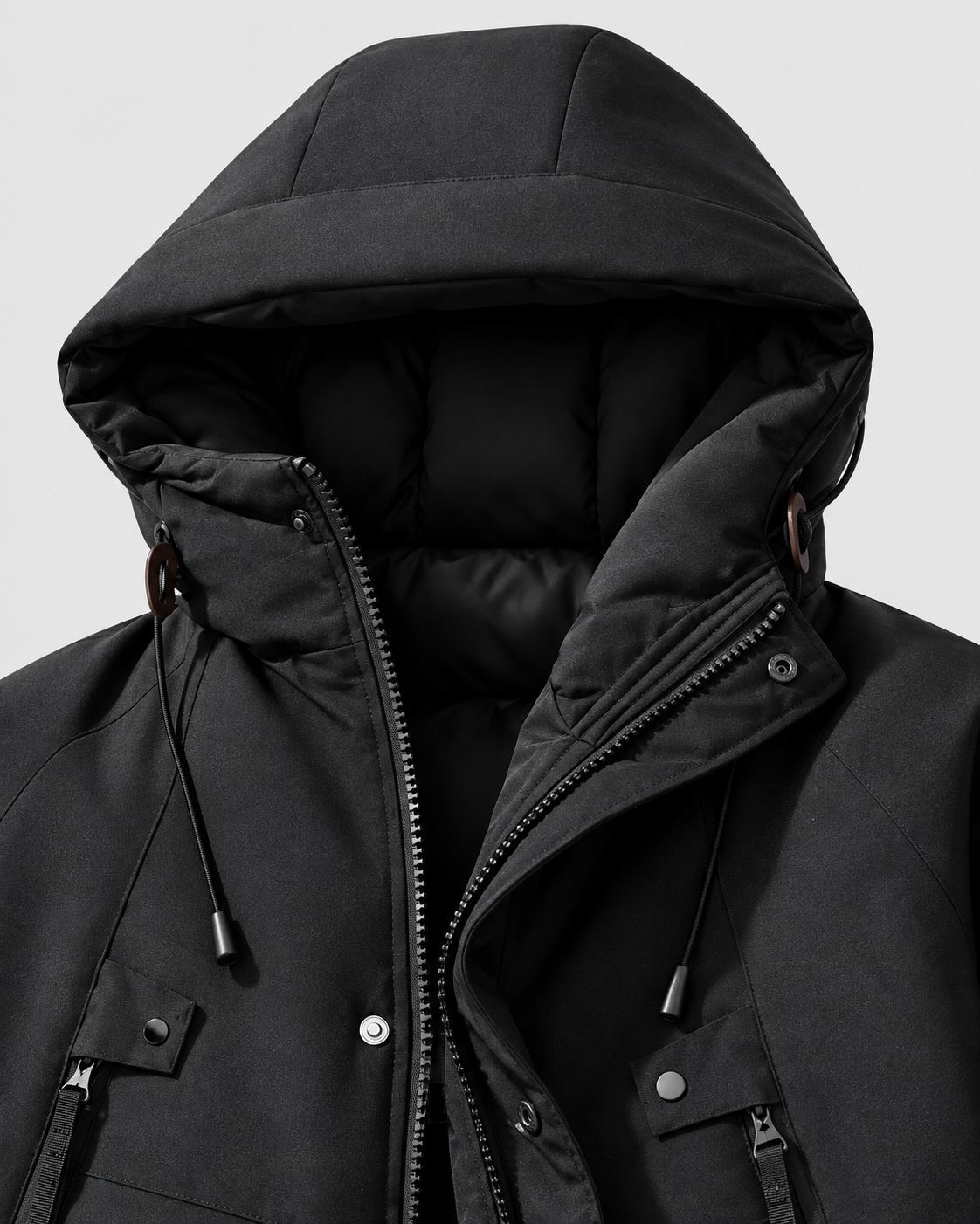 Image of Color: Black | Men's black hooded cotton-filled puffer jacket, studio product view 2