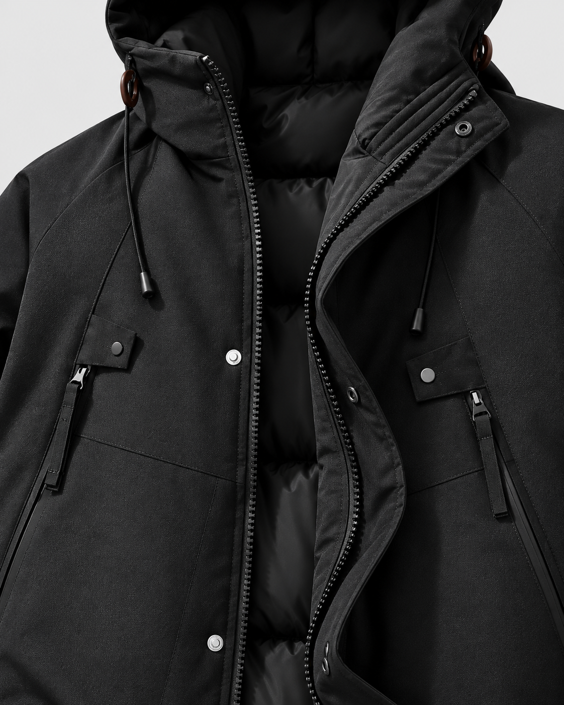Color: Black | Men's black hooded cotton-filled puffer jacket, studio product view 3