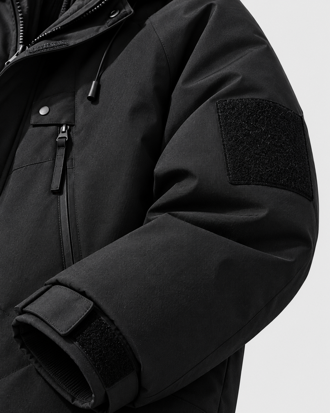 Color: Black | Men's black hooded cotton-filled puffer jacket, studio product view 4