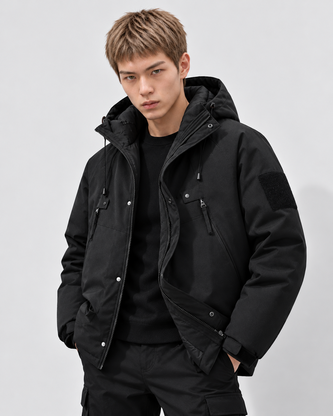 Image of Color: Black | Men's black hooded cotton-filled puffer jacket, studio product view 5