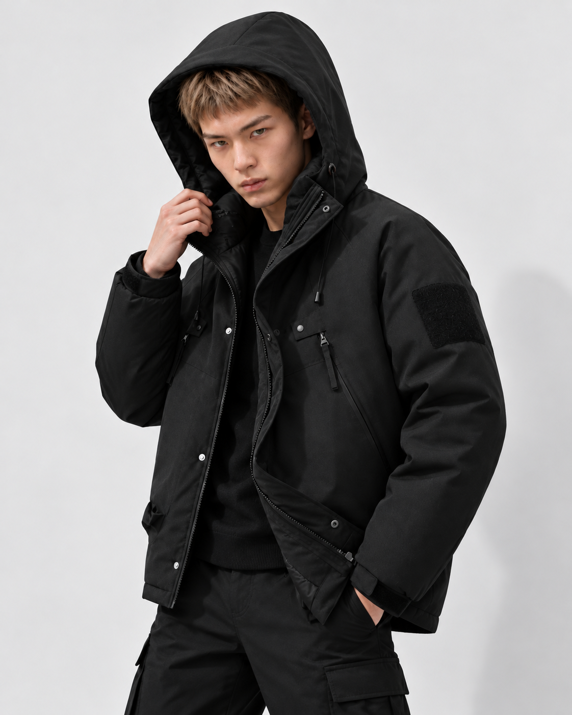 Image of Color: Black | Men's black hooded cotton-filled puffer jacket styled on model, look 2