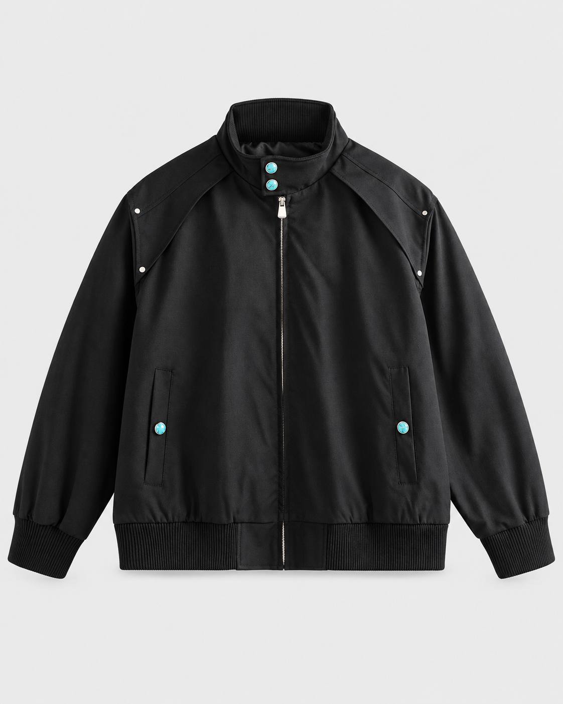 Color: Black | Men's black loose fit stand collar bomber jacket, main studio product view