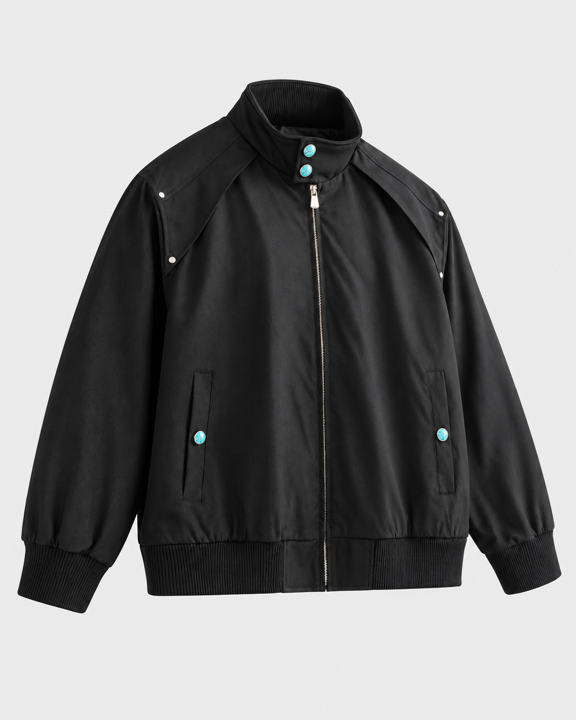 Color: Black | Men's black loose fit stand collar bomber jacket styled on model, look 1