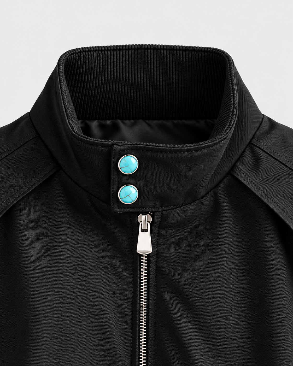 Color: Black | Men's black loose fit stand collar bomber jacket, studio product view 2