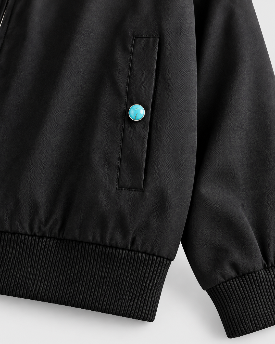 Color: Black | Men's black loose fit stand collar bomber jacket, studio product view 3