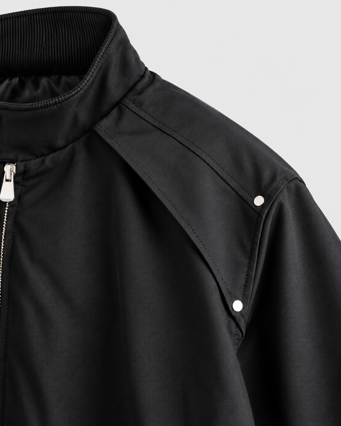 Color: Black | Men's black loose fit stand collar bomber jacket, studio product view 4